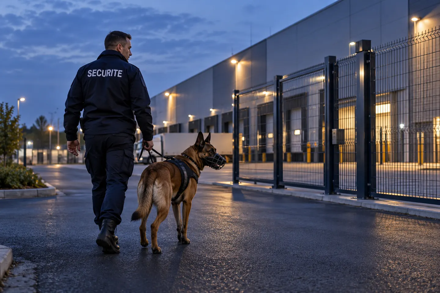 Illustration d’un agent cynophile avec son chien en laisse sur un site clôturé.