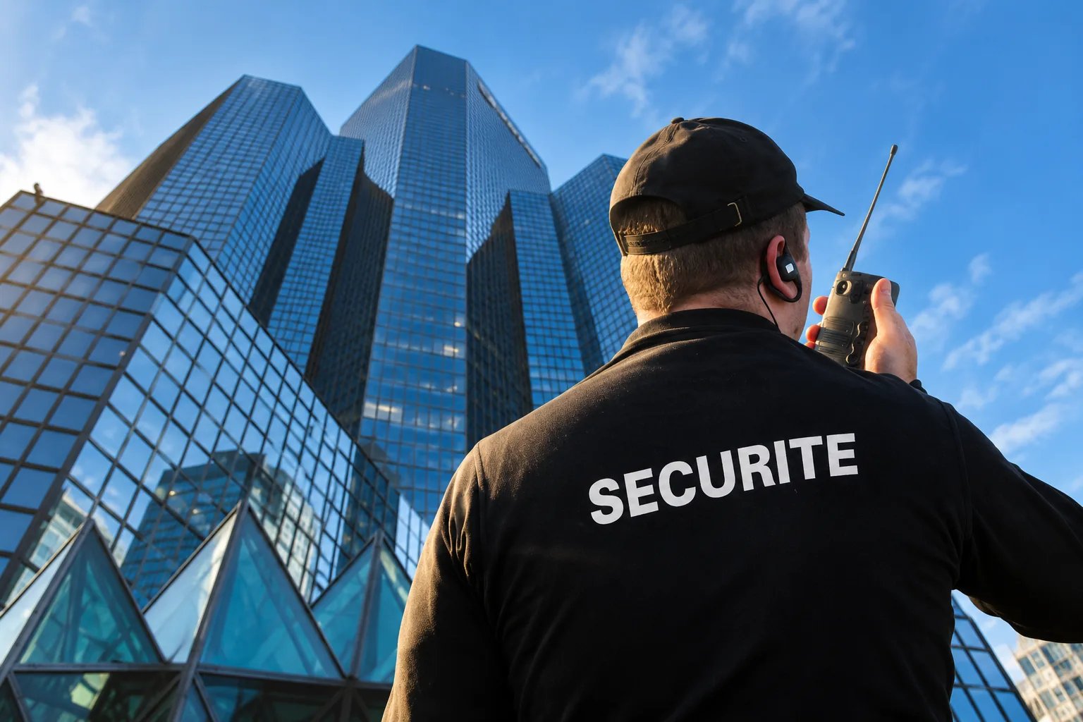 Montage d’un agent de sécurité vu de dos, utilisant une radio devant les tours vitrées de La Défense.