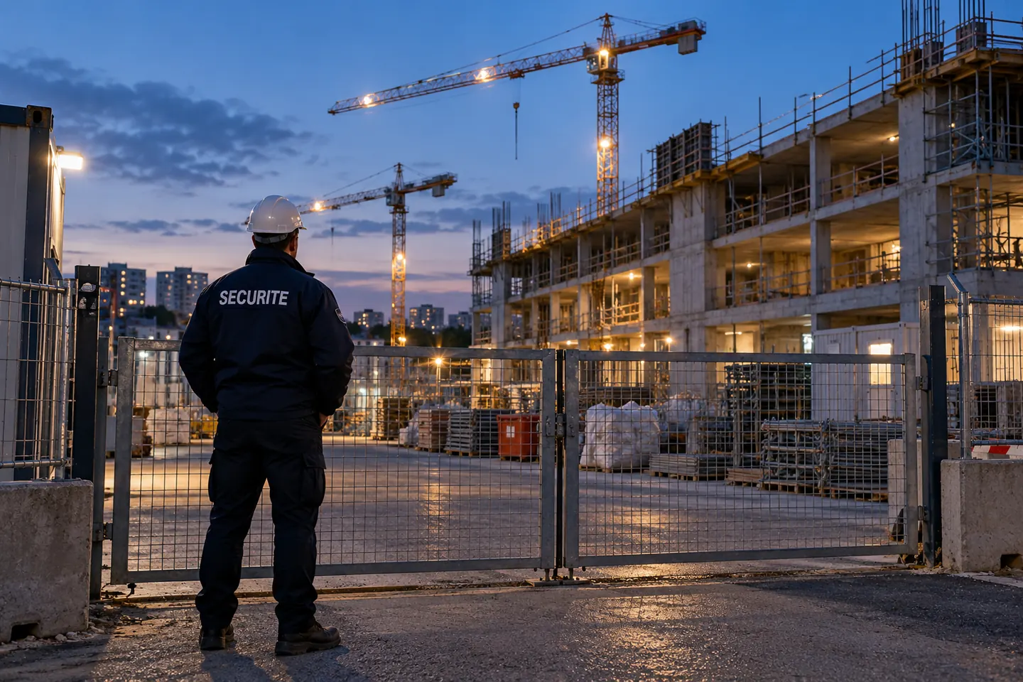 Illustration d’un agent de sécurité au portail d’un chantier au crépuscule.