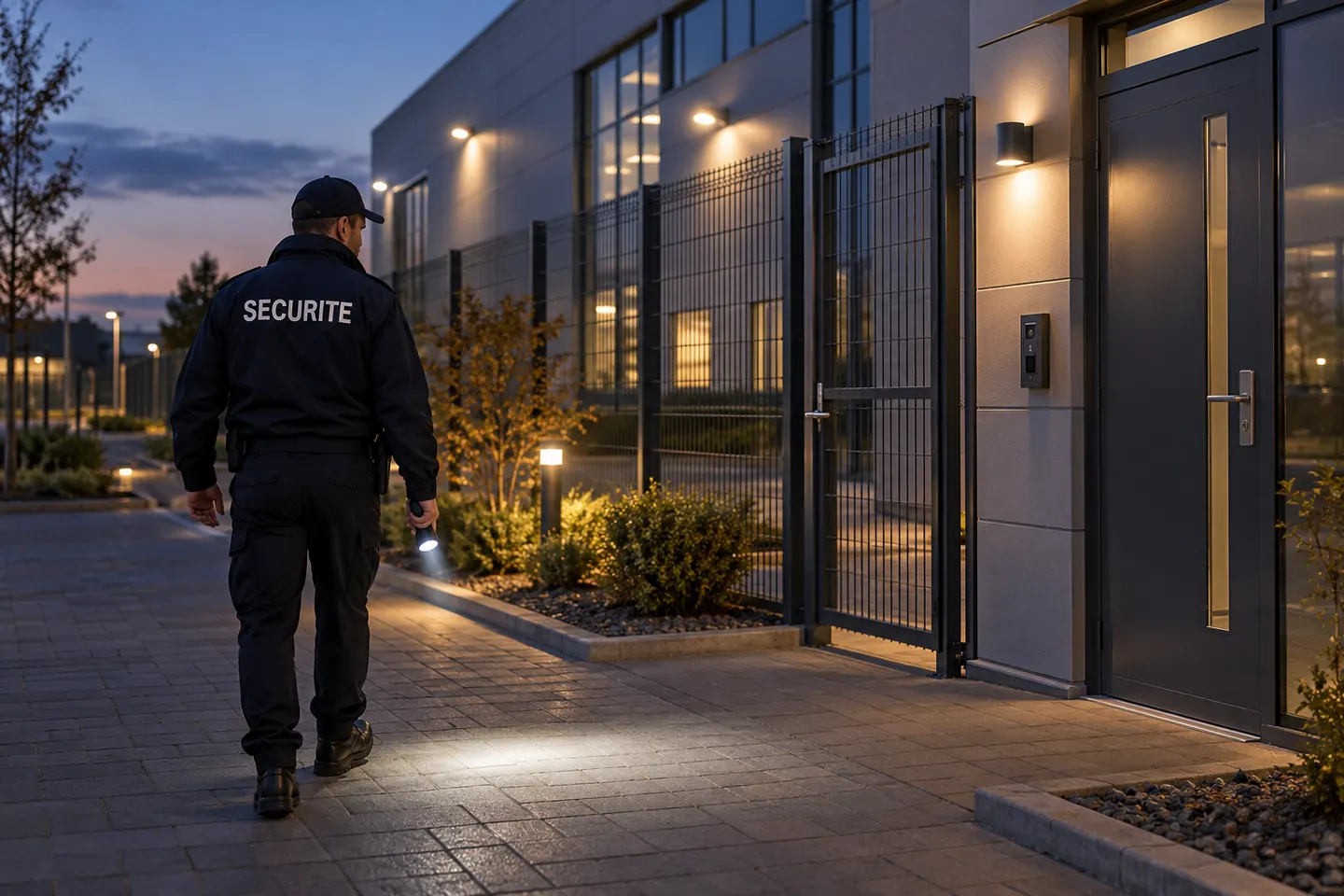 Illustration d’un agent en ronde près d’un bâtiment professionnel.