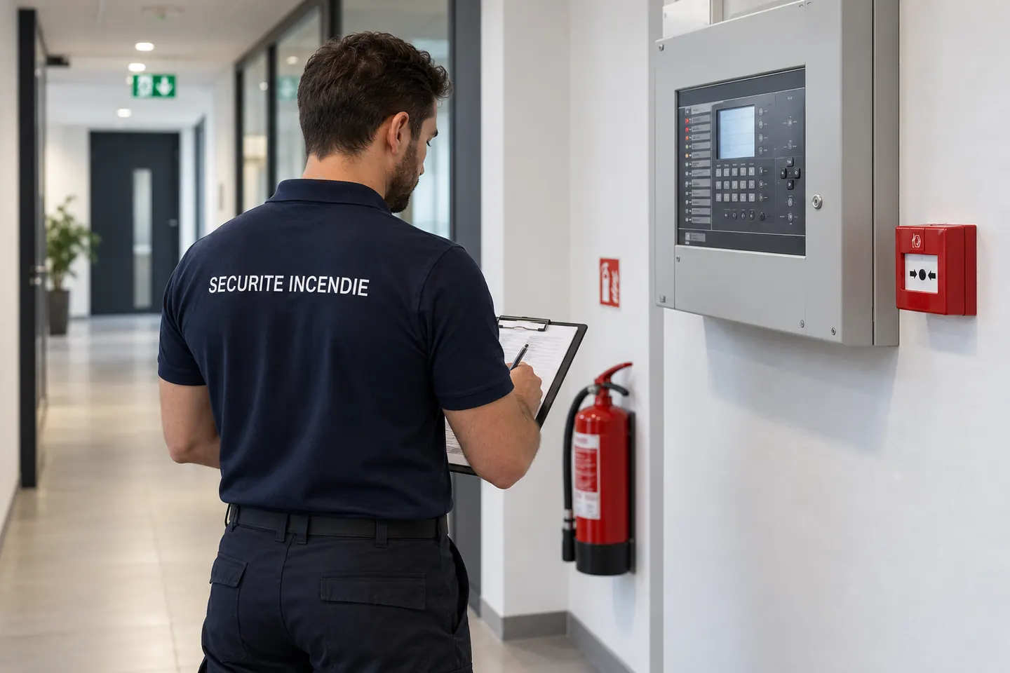 Illustration d’un agent de sécurité incendie devant un tableau d’alarme.