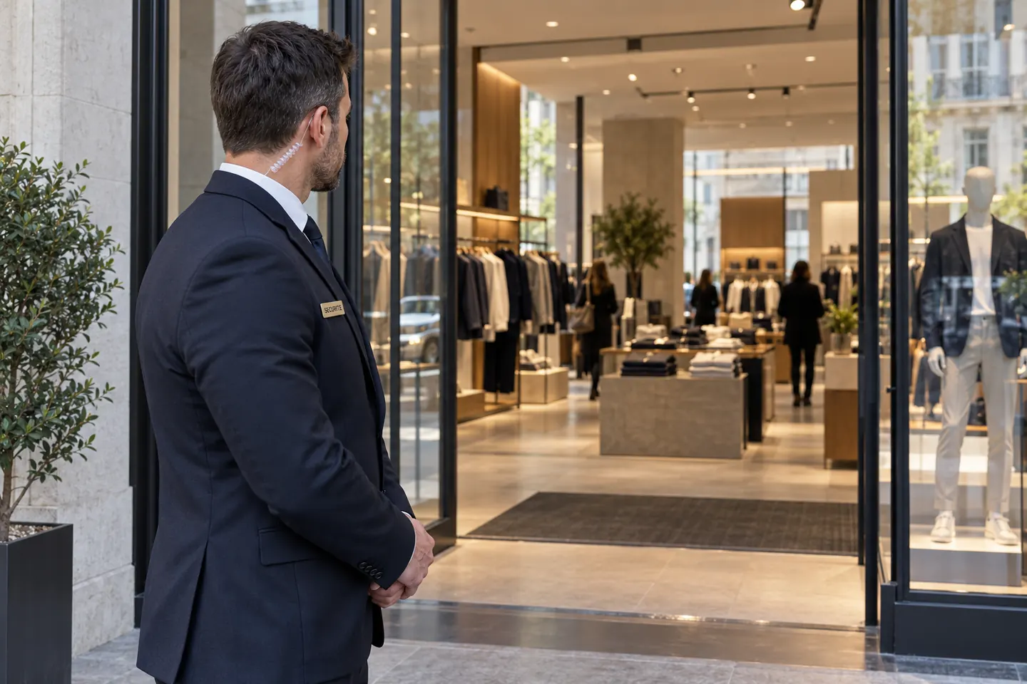 Illustration d’un agent de sécurité à l’entrée d’un magasin.